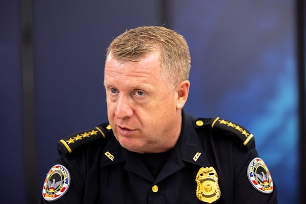 Atlanta Police Chief Darin Schierbaum speaks during a press interview at the district attorney’s office in Atlanta on Friday, July 12, 2024. Public safety officials presented findings from a report on repeat offenders. (Arvin Temkar / AJC)