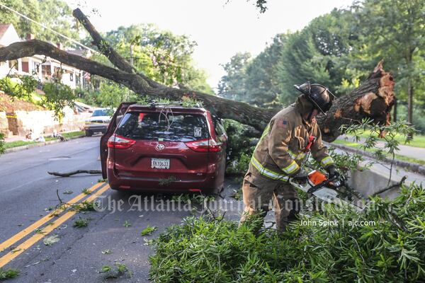 A firefighter cuts away a large tree limb that fell on the O'Brien family's minivan on Cherokee Street in Grant Park.