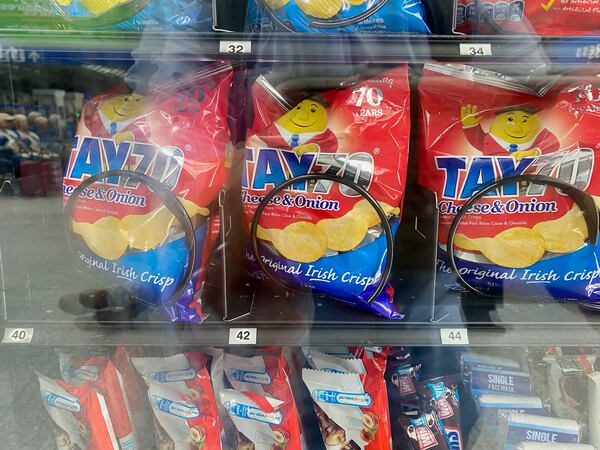 Bags of Tayto chips in a vending machine in Heuston Station. Tayto is a popular brand of chips (excuse me, "crisps," in Ireland). I confess I did not partake this time, but will make a point to. (AJC photo by Ken Sugiura)