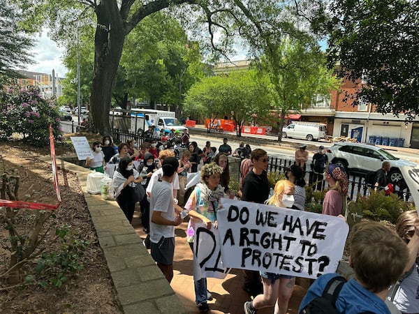 Demonstrators protesting Israel's war in Gaza gathered again at the University of Georgia's campus in Athens, Georgia, on Monday afternoon, April 29, 2024, hours after police broke up an earlier protest at UGA and arrested several demonstrators for trespassing. (Fletcher Page/The Atlanta Journal-Constitution/TNS)