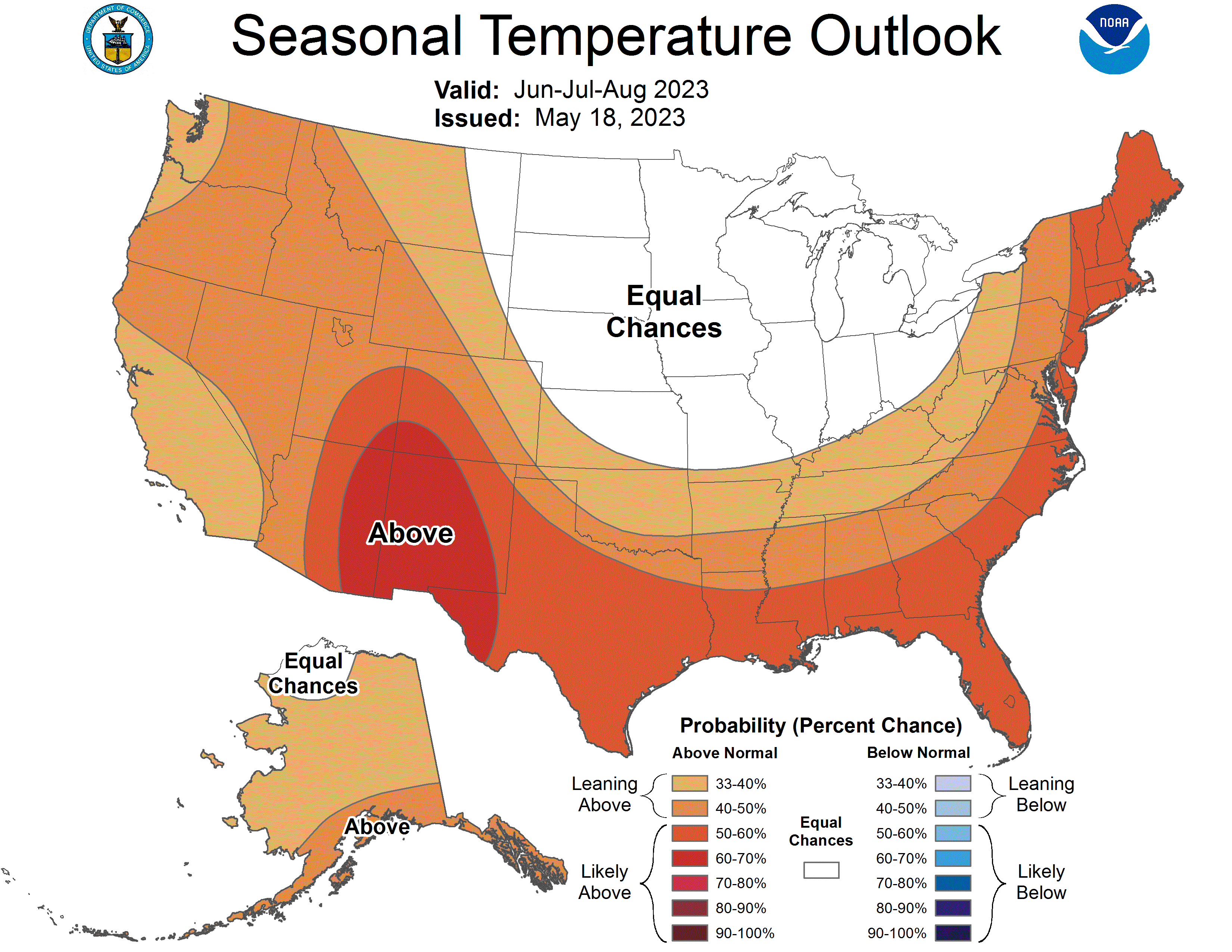 A new forecast issued on May 18, 2023 by the National Oceanic and Atmospheric Administration calls for warmer than average temperatures in Georgia this summer.