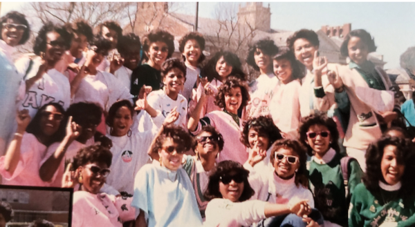 Members of Kamala Harris' 1986 line gather on the Howard campus shortly after they were initiated on March 15, 1986.