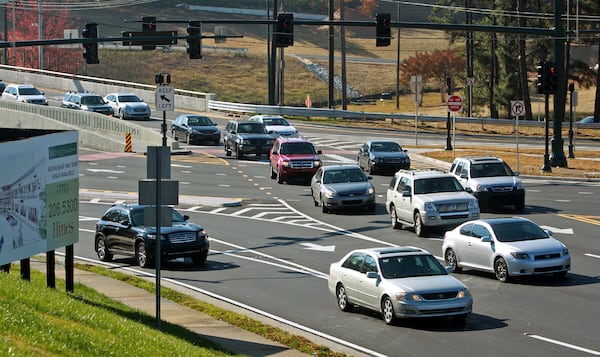 November 16, 2012 - Atlanta, Ga: Automobiles travel on the Diverging Diamond Interchange (DDI) at Ashford-Dunwoody Rd. and I-285 Friday morning in Atlanta, Ga., November 16, 2012. Now that the state is satisfied with the Georgia's first DDI, another one at Pleasant Hill and I-85 in Gwinnett County is also scheduled for construction. JASON GETZ / JGETZ@AJC.COM