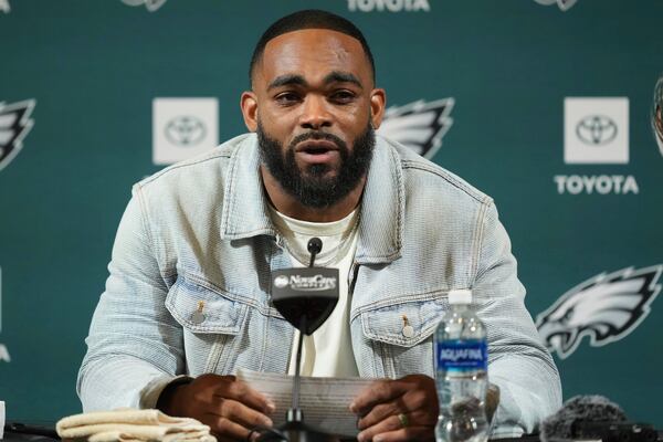 Brandon Graham speaks during a news conference announcing his retirement, Tuesday, March 18, 2025, at the Philadelphia Eagles' NFL football training facility in Philadelphia. (AP Photo/Matt Rourke