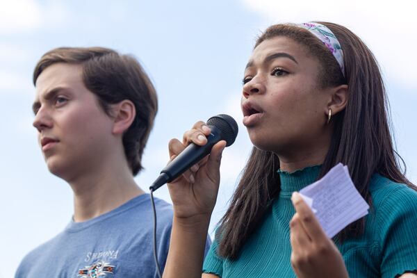 Soleil Golden, senior at North Atlanta High School and Environment Club president, speaks during an organized school-wide climate walkout on Thursday, Sept. 26, 2019. REBECCA WRIGHT FOR THE ATLANTA JOURNAL CONSTITUTION