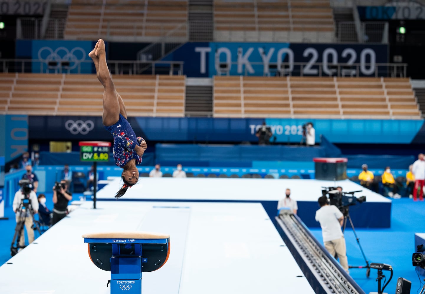 Simone Biles, of the United States, competes on the vault at the delayed 2020 Olympics in Tokyo, July 25, 2021. (Doug Mills/The New York Times)