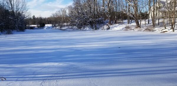 "This photo was taken last winter in Freedom, Maine, during a visit to our daughter and her family," wrote Jesse Liebman. "We were crossing over a mill stream and pond shortly after a 10-inch snow fall.  Though very cold, the scene was beautiful and serene."