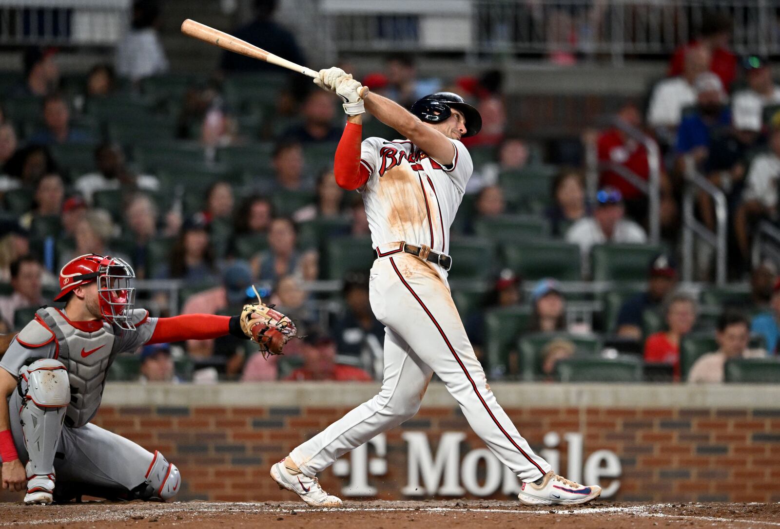 Atlanta Braves' first baseman Matt Olson (28) hits a solo home run during the fifth inning at Truist Park, Thursday, September 7, 2023, in Atlanta. Atlanta Braves won 8-5 over St. Louis Cardinals. (Hyosub Shin / Hyosub.Shin@ajc.com)