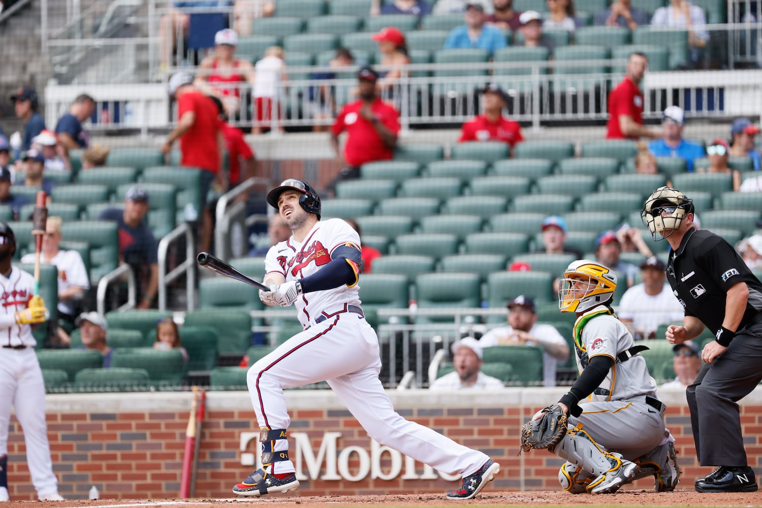 Atlanta Braves left fielder Adam Duvall watches the ball after he hit a home run during the second inning Sunday, June 12, 2022, in Atlanta. (Miguel Martinez / miguel.martinezjimenez@ajc.com)