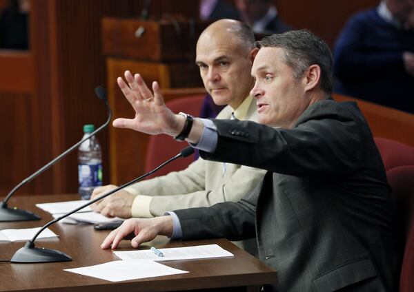 Republican state Sen. Bruce Thompson of White, left, joins state Rep. Ed Setzler, R-Acworth, while he presents Thompson’s bill, Senate Bill 403, to the House Governmental Affairs Committee. The bill to replace Georgia’s voting machines passed in committee Wednesday, setting up final votes of the full House and Senate. BOB ANDRES /BANDRES@AJC.COM