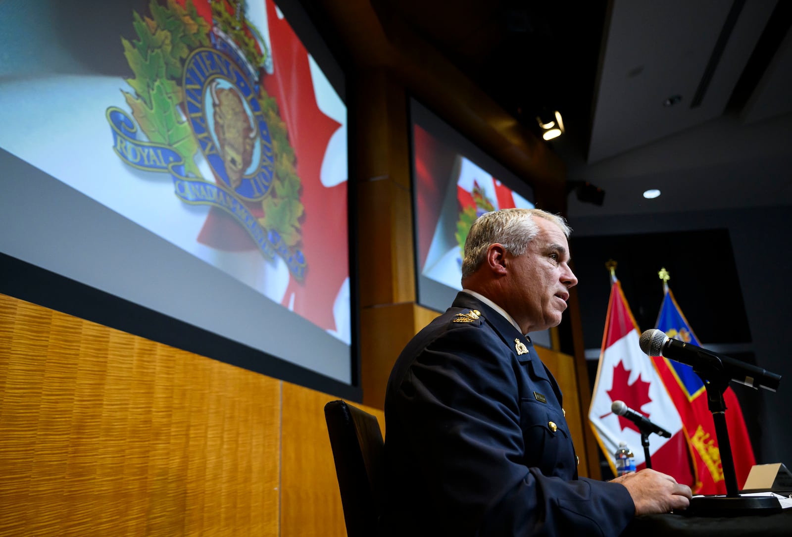 RCMP Commissioner Mike Duheme speaks during a news conference at RCMP National Headquarters in Ottawa, Ontaio, Monday, Oct. 14, 2024. (Justin Tang/The Canadian Press via AP)