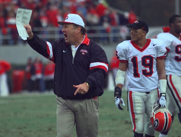 Georgia head coach Jim Donnan screams to his players in 1997.