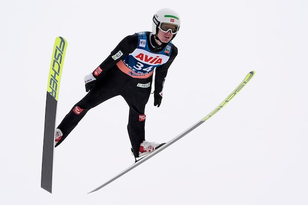 FILE - Kristoffer Eriksen Sundal, of Norway, flies during the Men's Large Hill Individual World Cup ski jumping competition, Sunday, Feb. 11, 2024, in Lake Placid, N.Y. (AP Photo/Robert F. Bukaty, File)