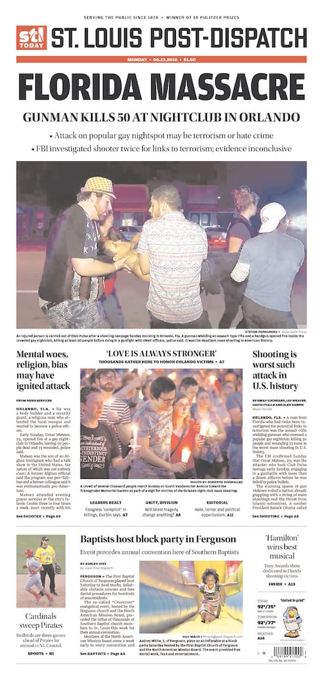 Newspaper front pages reflect Orlando tragedy