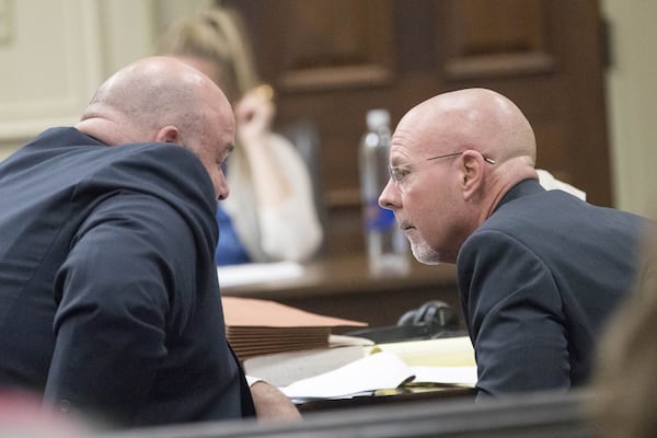 06/22/2018 — Griffin, GA - Defense co-counsels Scott Johnston (left) and Larkin Lee speak during the murder trial of their client, Franklin Gebhardt,  at the Spalding County Courthouse on Friday. ALYSSA POINTER/ALYSSA.POINTER@AJC.COM