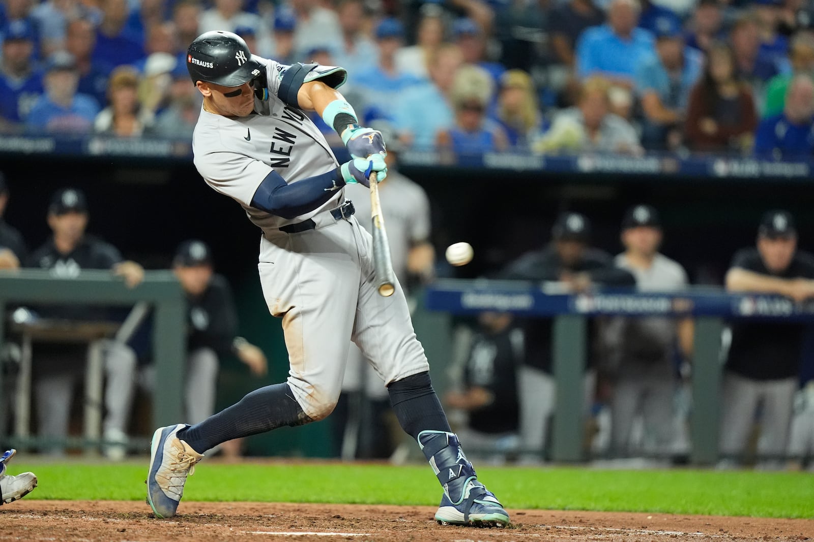 New York Yankees' Aaron Judge doubles during the sixth inning in Game 4 of an American League Division baseball playoff series against the Kansas City Royals Thursday, Oct. 10, 2024, in Kansas City, Mo. (AP Photo/Charlie Riedel)