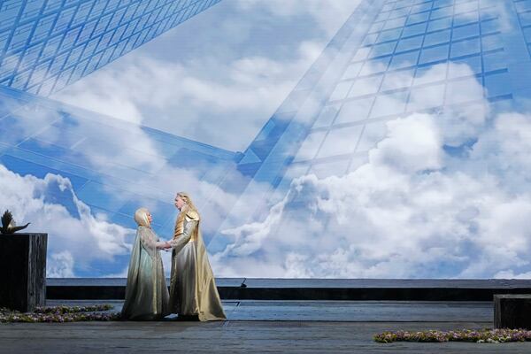 Greer Grimsley (Wotan) and Elizabeth DeShong (Fricka) in front of Valhalla. (Photos by Ken Howard)