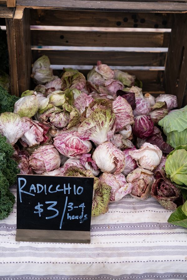 Speckled radicchio, such as castelfranco or bel fiore, is less bitter and has a more tender leaf. Kris Martins for The Atlanta Journal-Constitution