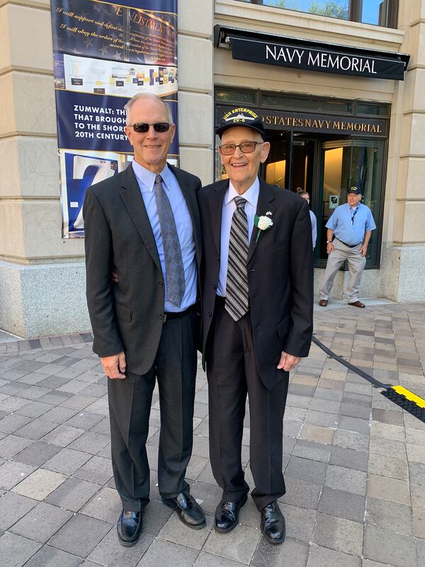 On his speaking engagements, Bill Norberg (right) is assisted by his son, Jack Norberg, pictured here at the United States Navy Memorial in Washington, D.C.
(Courtesy of Jack Norberg)