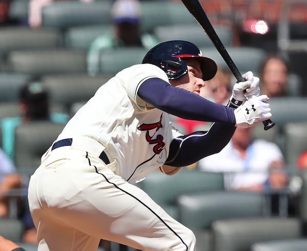 Braves first baseman Freddie Freeman breaks up the no-hitter, ripping a single against Arizona Diamondbacks pitcher Zac Gallen, during the sixth inning of the first game of a doubleheader Sunday, April 25, 2021, at Truist Park in Atlanta. Arizona won 5-0. (Curtis Compton / Curtis.Compton@ajc.com)