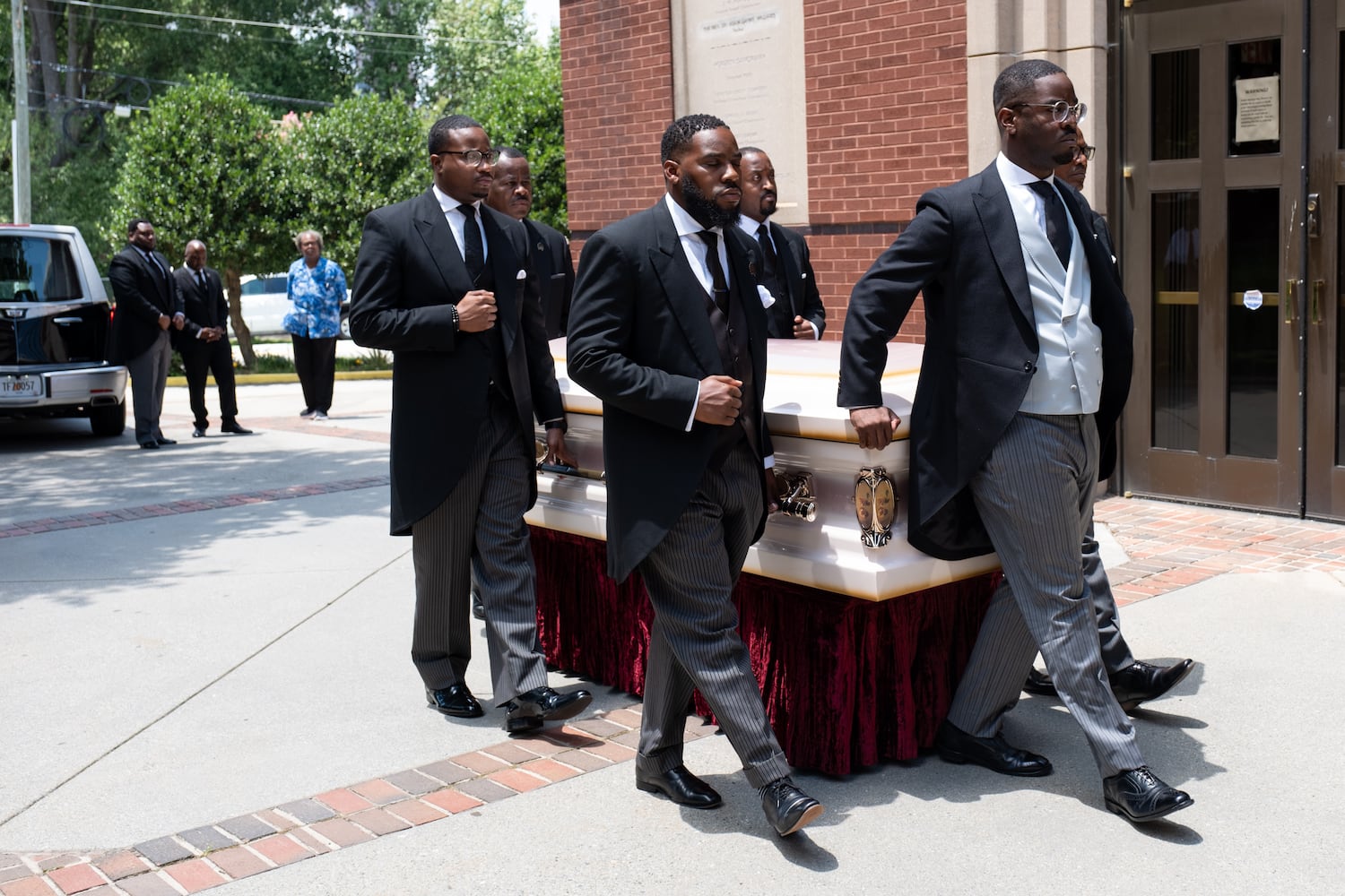 Christine King Farris’ casket arrives at Ebenezer Baptist Church in Atlanta on Sunday, July 16, 2023 before the start of her funeral.  (Ben Gray / Ben@BenGray.com)