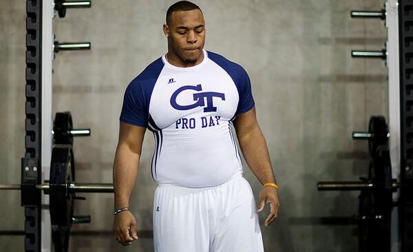 Shaquille Mason prepares to bench press in front of scouts during NFL Pro Day at Georgia Tech Friday, March 13, 2015, in Atlanta. (AP Photo/David Goldman) Shaquille Mason prepares to bench press in front of scouts during NFL Pro Day at Georgia Tech. (AP)