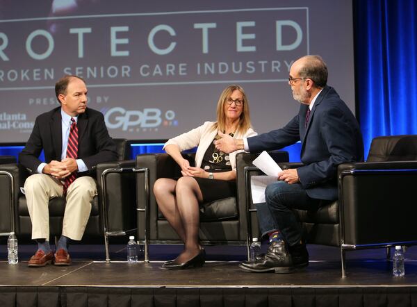 Bill Nigut, host and executive producer of “Political Rewind” for Georgia Public Broadcasting speaks to Carrie Teegardin and Brad Schrade, AJC investigative reporters, at a community conversation about the AJC’s “Unprotected” series. (Tyson Horne/Tyson.Horne@ajc.com)