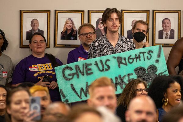 Daniel Nett joins union members of SAG-AFTRA and supporters at a rally to discuss the strike and how important it is in Atlanta on Monday, July 17, 2023. (Katelyn Myrick/katelyn.myrick@ajc.com)