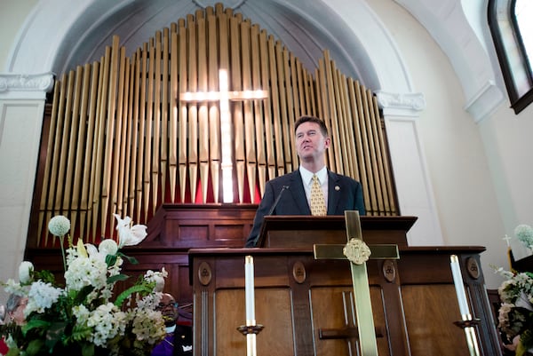 Alabama Secretary of State John Merrill speaks during a service at Brown Chapel African Methodist Episcopal Church in Selma, Ala., Sunday, March 5, 2017. His comments about the state’s voter ID law angered many in attendance. (Albert Cesare/The Montgomery Advertiser via AP)