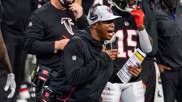 Atlanta Falcons interim head coach Raheem Morris works during the first half  against the New Orleans Saints, Sunday, Dec. 6, 2020, at Mercedes-Benz Stadium in Atlanta. The Saints won 21-16. (Danny Karnik/AP)