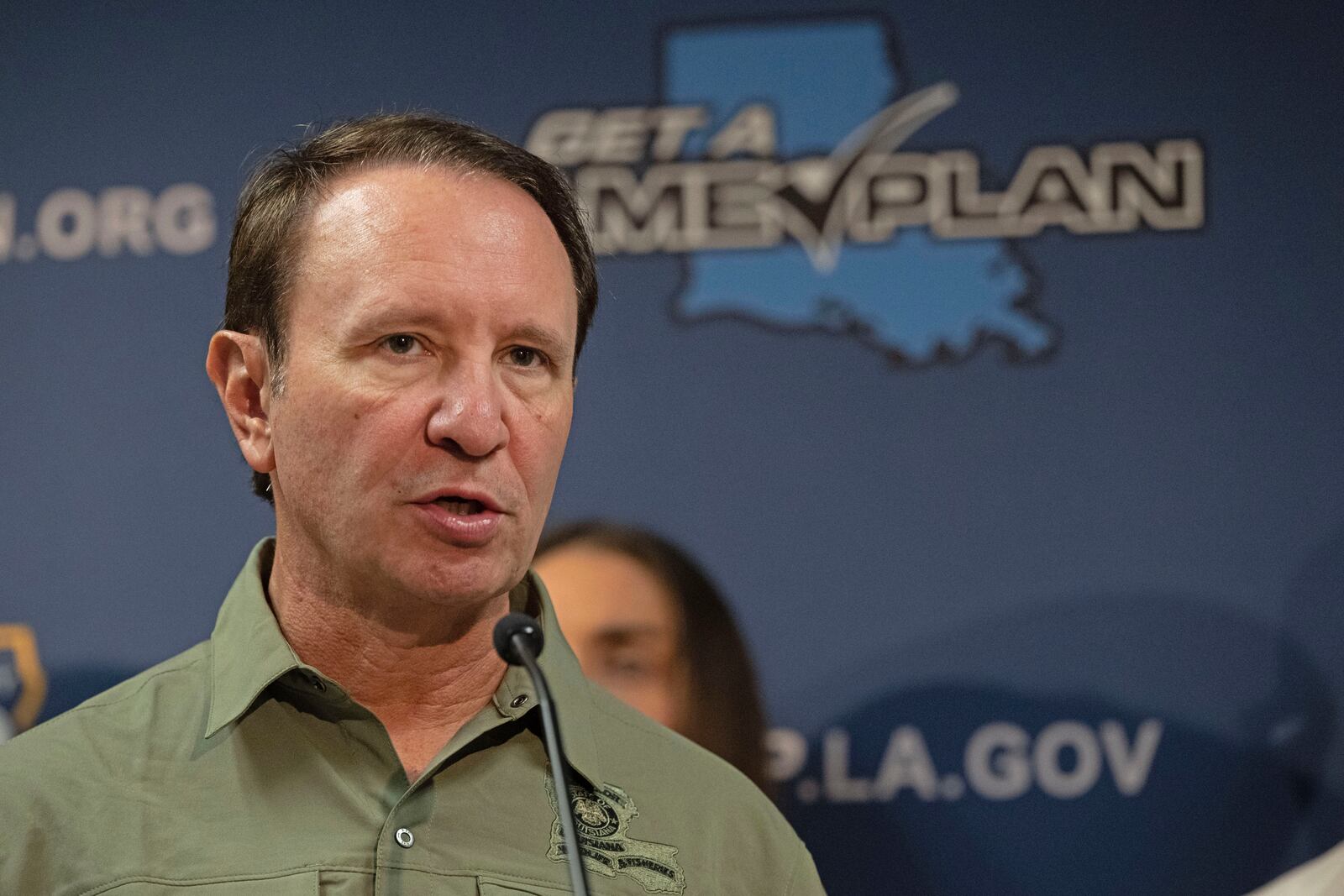 Louisiana Gov. Jeff Landry speaks Wednesday, Sept. 11, 2024, in Baton Rouge, La., as the state of Louisiana prepares for Hurricane Francine's arrival. (Hilary Scheinuk/The Advocate via AP)