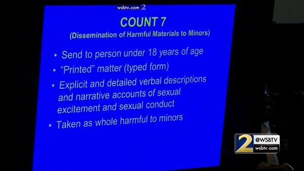 Prosecutor Chuck Boring explains to the jury the level of proof for the charge of dissemination of harmful materials to minors, during his closing argument during the murder trial of Justin Ross Harris at the Glynn County Courthouse in Brunswick, Ga., on Monday, Nov. 7, 2016. (screen capture via WSB-TV)