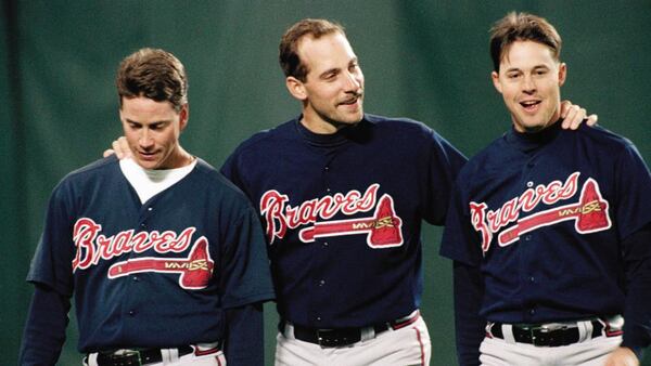 Braves pitchers Tom Glavine (from left), John Smoltz and Greg Maddux were members of powerhouse 1990s teams.