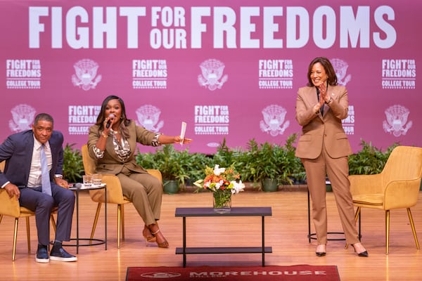 Vice President Kamala Harris (right) is pictured at an event with students at Morehouse College in Atlanta.