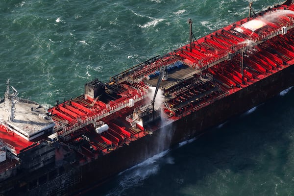 The damaged MV Stena Immaculate tanker at anchor off the Yorkshire coast in the North Sea, Tuesday, March 11, 2025 in England. (Dan Kitwood/Pool Photo via AP)