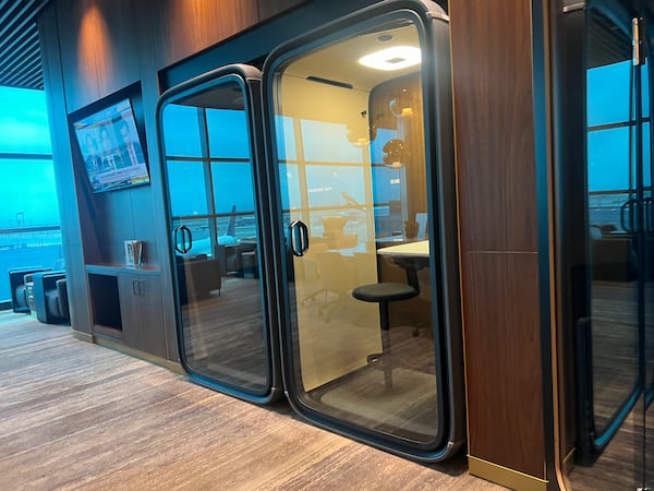 There are soundproof booths to handle calls inside the Delta One Lounge, which opened Wednesday, June 26, 2024, at New York's John F. Kennedy International Airport.