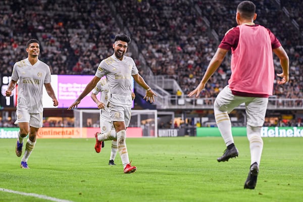 Atlanta United midfielder Marcelino Moreno celebrates after scoring a goal during the match against D.C. United at Audi Field in Washington, District of Columbia on Saturday August 21, 2021. (Photo by Jacob Gonzalez/Atlanta United)