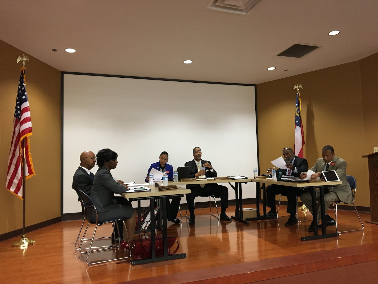 The Stonecrest City Council meet for the first time at the Stonecrest Library on Monday, May 8, 2017. From left: George Turner, Diane Adoma, Jazzmin Cobble, Jason Lary, Rob Turner and Jimmy Clanton Jr. MARK NIESSE / MARK.NIESSE@AJC.COM