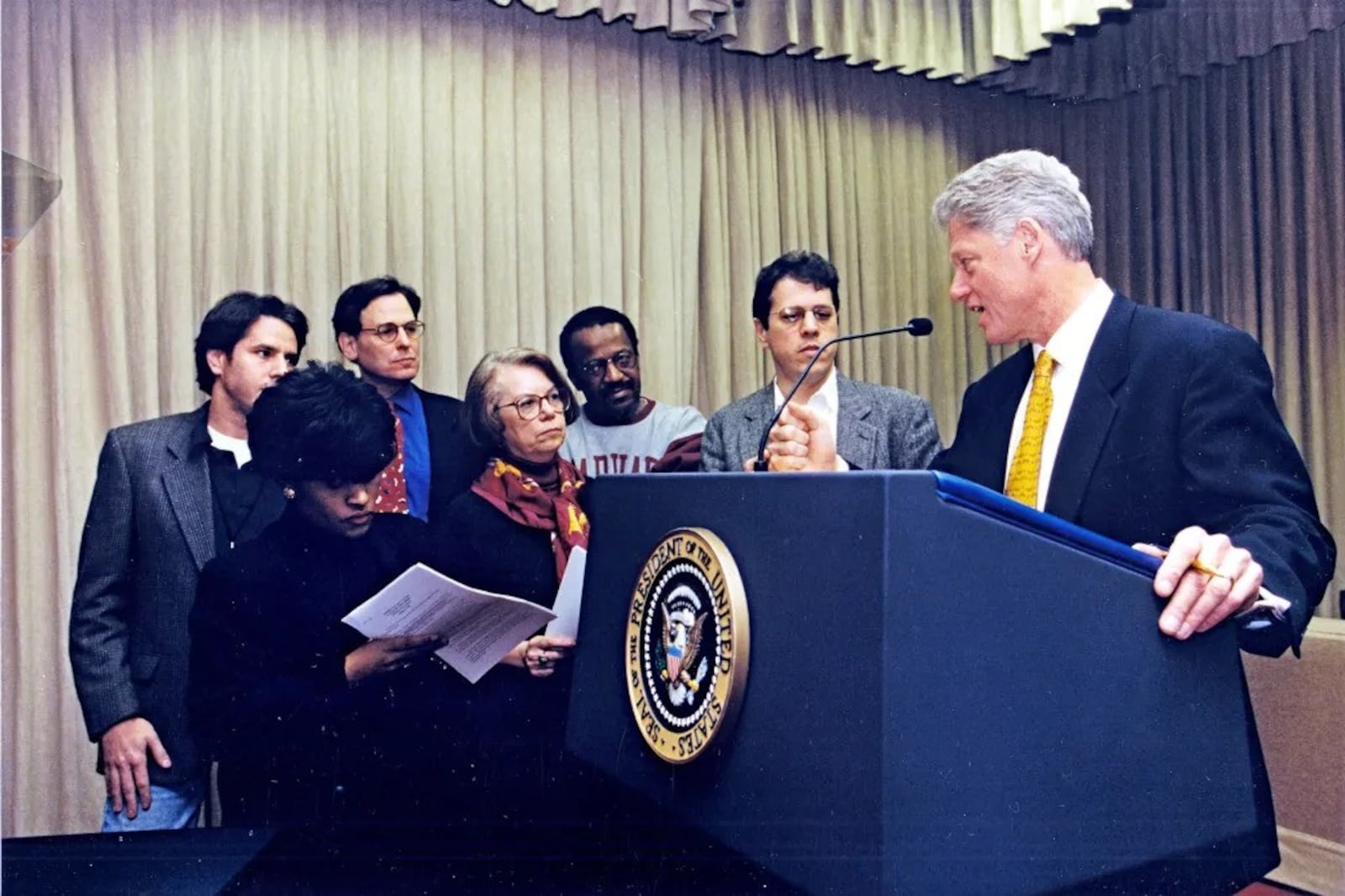 Minyon Moore, then-deputy assistant and deputy director of political affairs to Bill Clinton, is seen second from left.  (Photo Courtesy of Barbara Kinney/The White House/Getty Images)