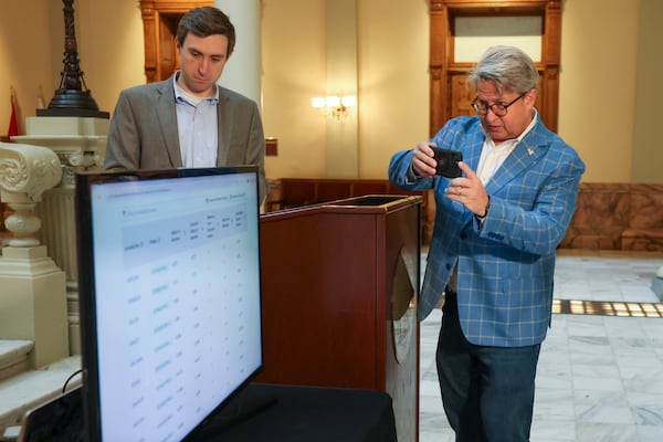 Gabriel Sterling, chief operating officer for the Secretary of State’s office, takes a photograph of the screen next to State Elections Director Blake Evans following a press conference to randomly select batches of ballots to audit in the presidential election at the Georgia State Capitol, Thursday, November 14, 2024, in Atlanta. (Jason Getz / AJC)