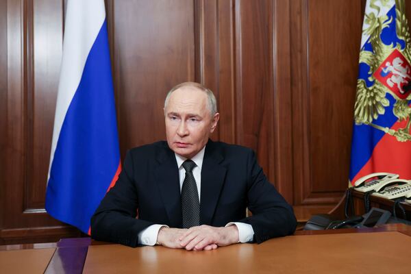 Russian President Vladimir Putin addressees the nation at the Kremlin in Moscow, Russia, Thursday, Nov. 21, 2024. (Vyacheslav Prokofyev, Sputnik, Kremlin Pool Photo via AP)