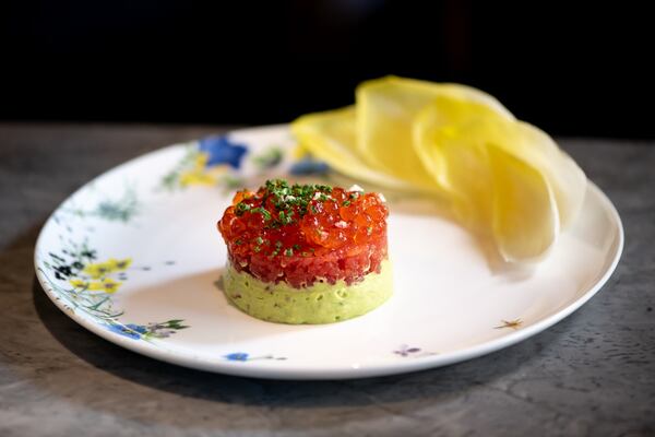 Ahi Tuna Tartare with cucumber, rashish, shallot, chili oil, and pommes gaufrettes. Photo credit- Mia Yakel.