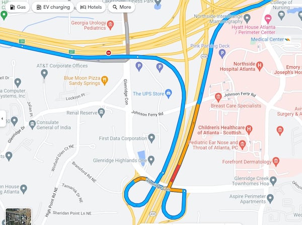 As of Tuesday afternoon, Google Maps appeared to think - incorrectly - that a section of eastbound I-285 near Ga. 400 is closed. The stretch of highway has been reduced to three lanes for construction, but it remains open.