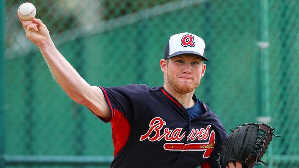 Braves closer Craig Kimbrel throws in the bullpen before facing Braves batters at spring training Thursday, Feb 26, 2015, in Lake Buena Vista, Fla.