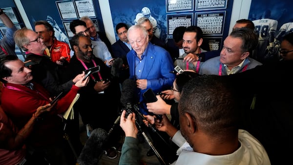 Dallas Cowboys owner Jerry Jones speaks to reporters after lineman Zach Martin announced his retirement during an NFL football press conference at the team's headquarter in Frisco, Texas, Wednesday, March 5, 2025. (AP Photo/LM Otero)