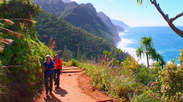 Not for the faint of heart, the Kalalau Trail has steep sections and stretches with thick, red mud. But the work pays off with incredible views of Kauai&apos;s Napali Coast. (Daniel Beekman/The Seattle Times/TNS)