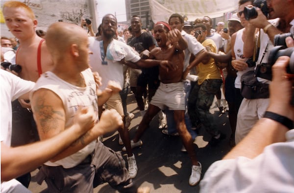 Neo-Nazi protesters tangle with counter-protesters outside the Democratic National Convention, Atlanta, Georgia, July 17, 1988.