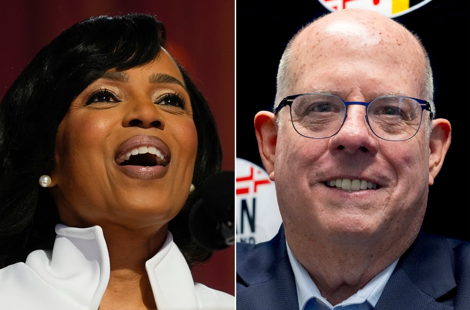 FILE - This combination of images shows from left, Democratic Maryland Senate candidate Angela Alsobrooks in Chicago, Aug. 20, 2024, and Republican opponent, former Maryland Gov. Larry Hogan in Annapolis, on Aug. 27, 2024. (AP Photo Erin Hooley, left; and AP Photo Stephanie Scarbrough, File)