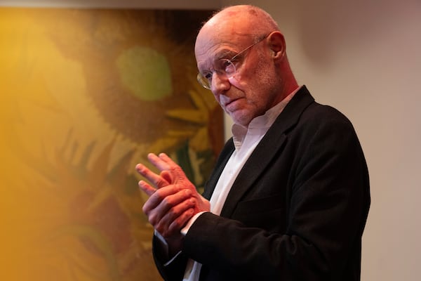 Anselm Kiefer is interviewed during a press preview of the Anselm Kiefer exhibit at the Van Gogh Museum and Stedelijk Museum in Amsterdam, Netherlands, Wednesday, March 5, 2025. (AP Photo/Peter Dejong)