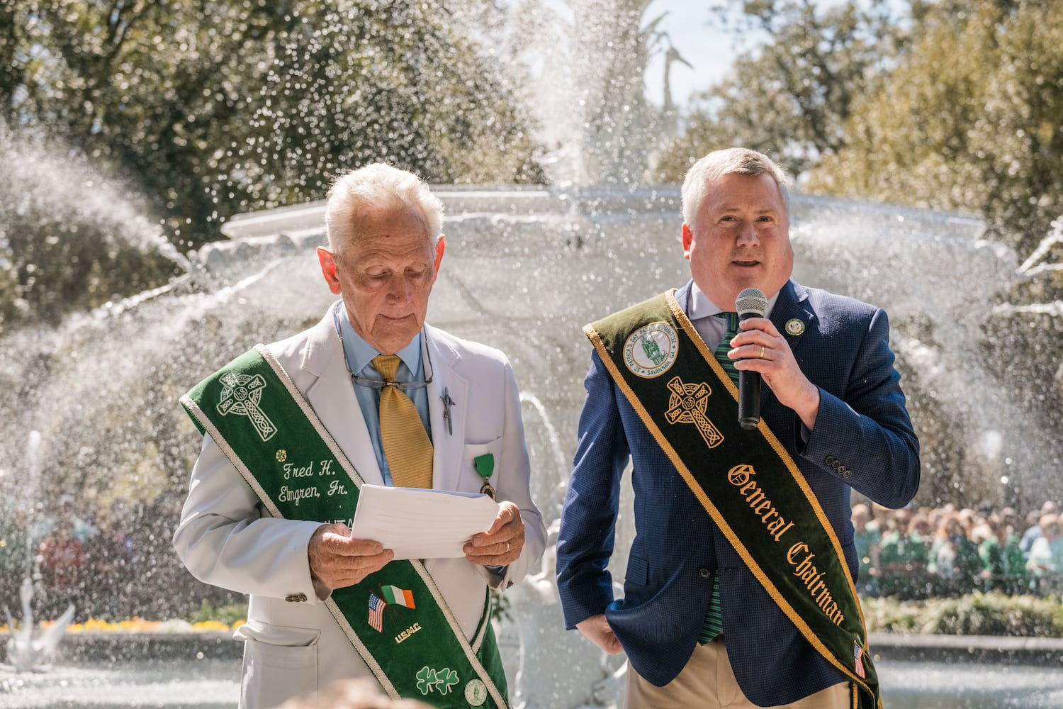 Adjunct Fred H. Elmgreen Jr. and General Chairman Timothy Patrick Mahoney give the opening address at the 2025 St. Patrick’s Day Parade dying of the fountain on March 7, 2025 in Savannah, GA. The dying of the fountain marks the beginning of the city’s St. Patrick’s Day festivities. (Justin Taylor/The Atlanta Journal Constitution)